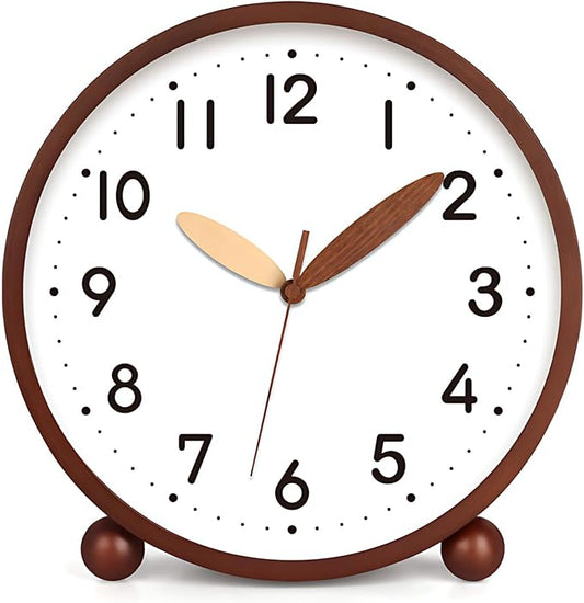Maxspace Wooden Table Clock,8in Silent Non-Ticking Desk Clock,Battery Operated Desktop Analog Clock for Living Room Bedroom Kitchen Office Classroom Decor (Walnut - White)