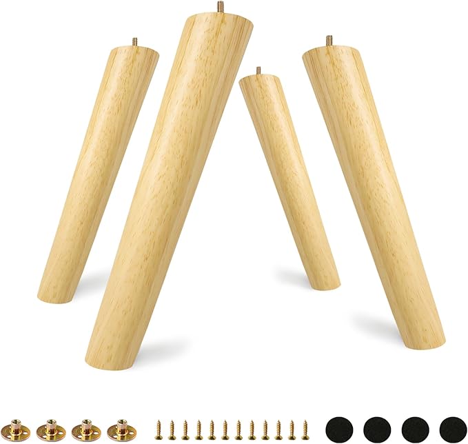 FoDau770 Rubber Wood Furniture Legs 12 Inches, Slant Tapered Wood Feet Mid Century Sofa Legs Set of 4, 5/16" UNC Furniture Feet Replacement Parts for Cabinet Couch Dresser Chair Ottoman Table