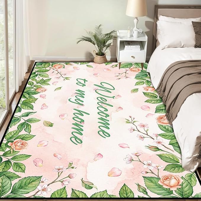 Welcome Rug Floral Area Rug for Entryway Bedroom Living Room Nursery Playroom Classroom Home Decor Pink Rose Green Leaf Carpet Non-Slip Washable Floor Mat,3'x5'