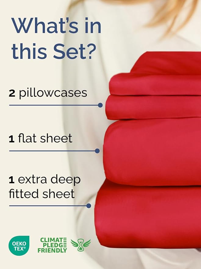 Extra Deep Twin Sheet Set - 4 Piece Breathable and Cooling Sheets - Hotel Luxury Bedding for Women, Men, Kids & Teens - Easy & Secure Fit - Soft, Wrinkle Free and Comfy with Extra Deep Pockets - Red