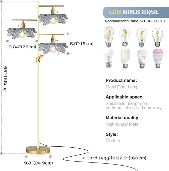 Gold Dimmable floor lamp ,tall lamp for living room corner ,mid century modern floor lamp Brass Tree Lamp Blue Glass Shade ,Standing Lamps vintage retro floor light for Bedroom corner Study Office