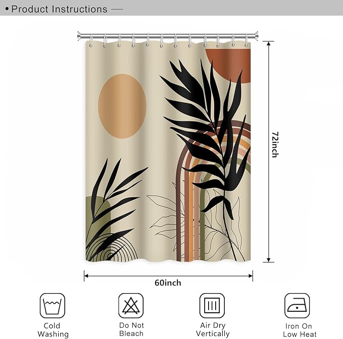 Abstract Mid Century Bohemian Bathroom Shower Curtain Eucalyptus Leaves Colorful Arch Sun Shower Curtain with Hooks Waterproof Fabric Polyester Shower Curtain Art Home Decor, 60x72 Inch