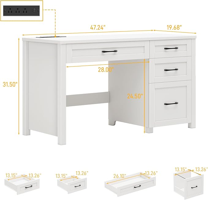 Vabches Farmhouse 47" Executive Desk, Computer Desk with File Drawer and Charging Station, Workstation for Home Office, Study.Cream White