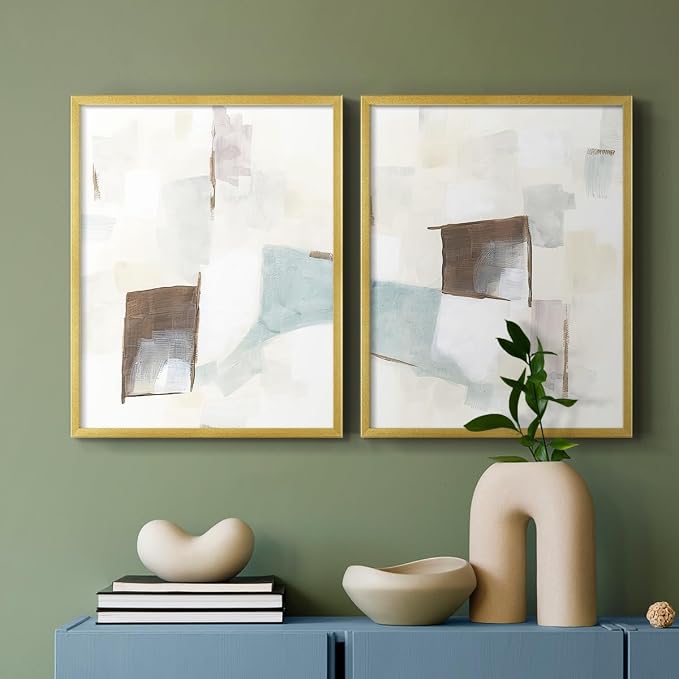 Renditions Gallery Set of 2 Peel & Stick Framed Prints, Abstract Wall Art, Minimalist Color Block Brush Strokes Wall Decor, Re-Stickable - Ready to Hang - 11"x14" - GOLD Frame LT588
