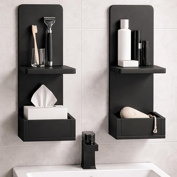 2-Tier Black Floating Wall Shelf, 20x8x6 Wall-Mounted Wooden Beside Shelf/Nightstand for Home Décor, Plants, Cosmetics, Bathroom, Kitchen, Bedroom Storage (Black with Box)