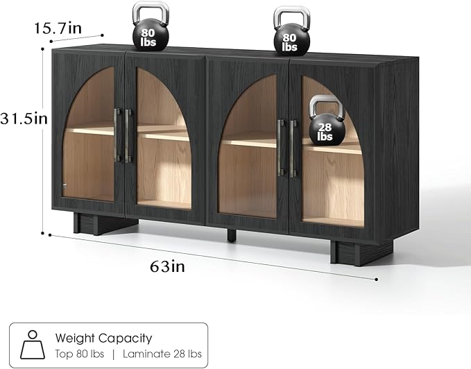 Sideboard Buffet Cabinet with Storage,63” Modern Accent Console Cabinet with Glass Doors,Arched Credenza Storage Cabinet with Adjustable Shelves for Entryway,Kitchen,Black