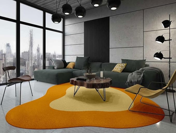 Mustard Yellow Beige Modern Abstract Irregular Area Rug 2ft Unique Design Irregular Shaped Rugs for Living Room Bedroom Playroom Pet Friendly Carpet Boho Under Dining Table Non Slip Easy Clean Mats