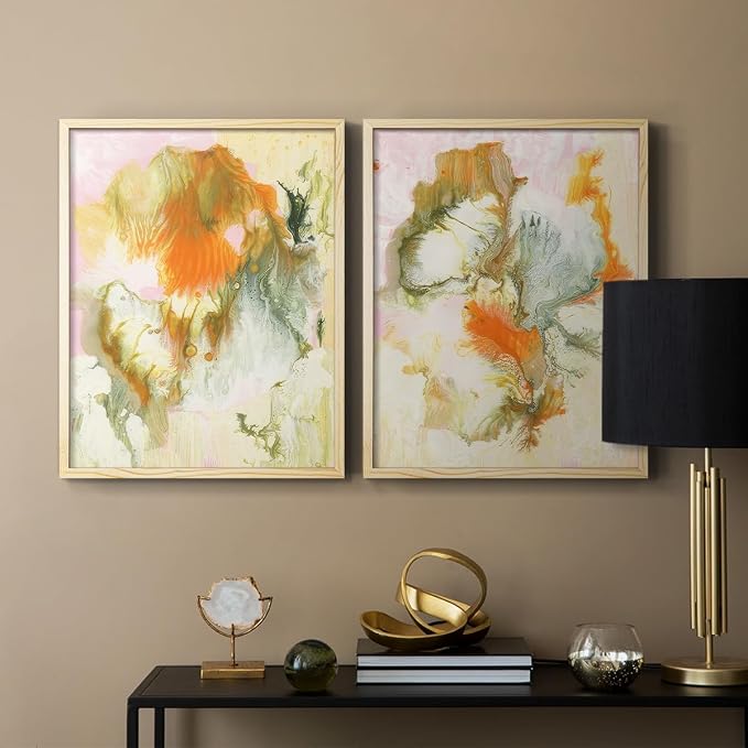 Renditions Gallery Set of 2 Peel & Stick Framed Prints, Modern Abstract Wall Art, Mix Color Oil Paint Design Wall Decor, Re-Stickable - Ready to Hang - 16"x20" - NATURAL WOOD Frame LT588