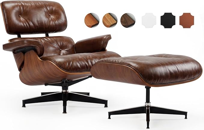 Top Grain Leather, Mid Century Chaise Lounge Chair and Ottoman, Reading Chair, Leather Accent Chair, Modern Chair, Classic Design, for Living Room Lounge Office,Retro Aged Leather, Walnut