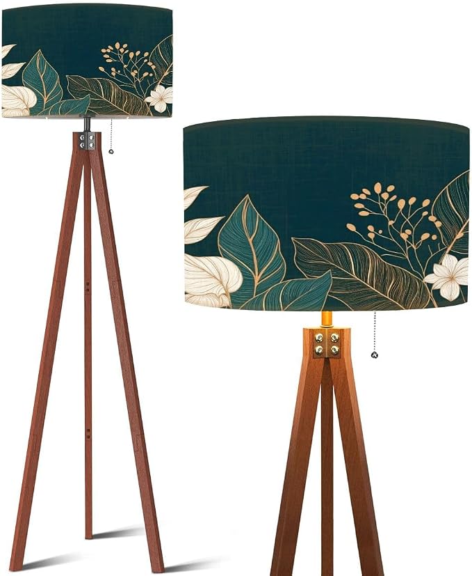 Wood Tripod Floor Lamp Leaves elegance luxury Symbol spring summer season Linear ornament Mid Century Standing Lamp Linen Shade Dimmable Modern Tall lamp Home Decor for Living Room Bedroom Office