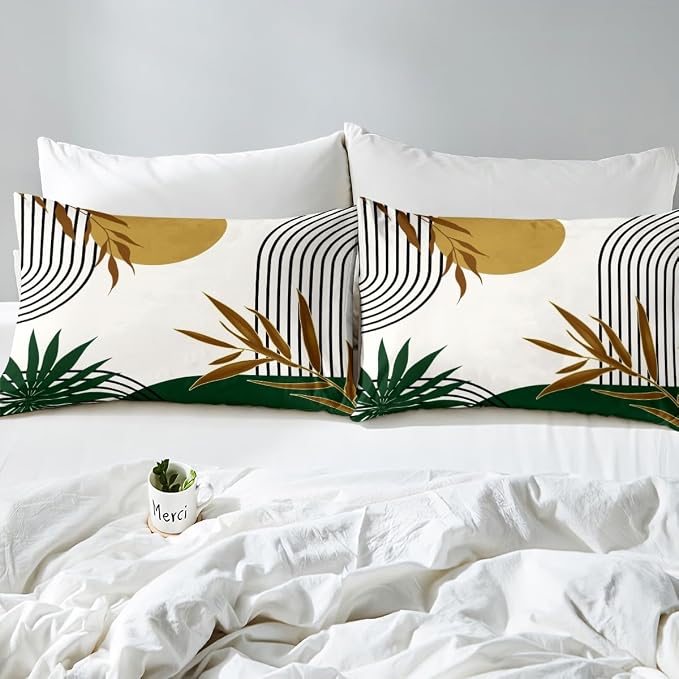 Abstract Geometric Boho Duvet Cover Toddler for Kids Boys Girls,Botanical Plant Leaves Comforter Cover,Minimalist Aesthetic Bedding Set,Retro Mid Century Bed Set 2 Pcs Bedroom Decor