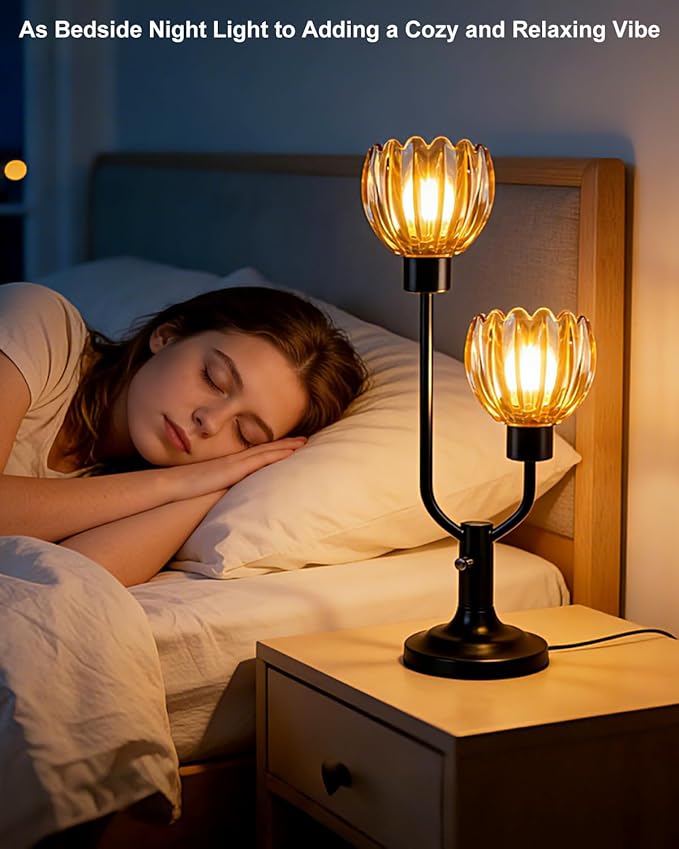 Lightdot Mid Century Modern Flower Table Lamp for Bedroom Dimmable Nightstand Lamp Amber Glass Vintage Black Desk Lamp 2 Bulbs Included Warmwhite Ambient Bedside Lamp for Living Room Home Office Decor