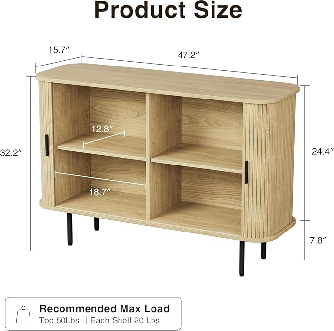 Vabches 47''W x 32''H Storage Cabinet, Fluted Sideboard Buffet Accent Cabinet with Storage, Console Table Credenza with Tambour Slatted Sliding Doors and Shelves for Living Room, Kitchen, Natural