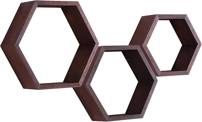 PHOENANCEE Hexagon Floating Shelves,Honeycomb Shelf Set of 3,Wood Farmhouse Hexagonal Decor Wall Storage for Living Room Bedroom Kitchen Office(Walnut)