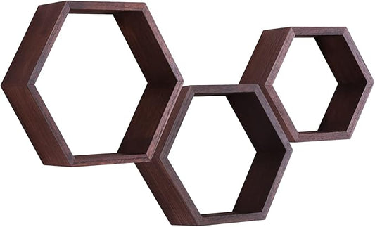PHOENANCEE Hexagon Floating Shelves,Honeycomb Shelf Set of 3,Wood Farmhouse Hexagonal Decor Wall Storage for Living Room Bedroom Kitchen Office(Walnut)