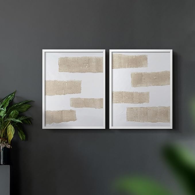 Renditions Gallery Set of 2 Peel & Stick Framed Prints, Modern Abstract Wall Art, Textured Brush Strokes Wall Decor, Re-Stickable - Ready to Hang - 16"x20" - White Frame LT588