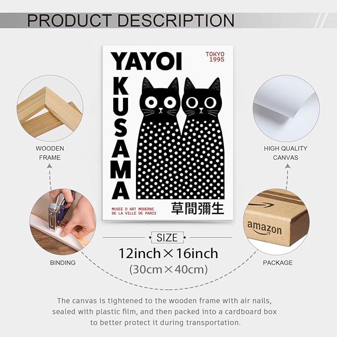Black and White Cute Abstract Cat Wall Art Japanese Yayoi Kusama Canvas Poster 12X16 inch Framed Modern Fashion Minimalist Painting for Living Room Wall Decor Cat Lover Gifts