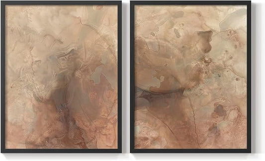 Renditions Gallery Set of 2 Peel & Stick Framed Prints, Abstract Wall Art, Brown Textured Marble Design Re-Stickable - Ready to Hang - 22"x28" - Black Frame LT588
