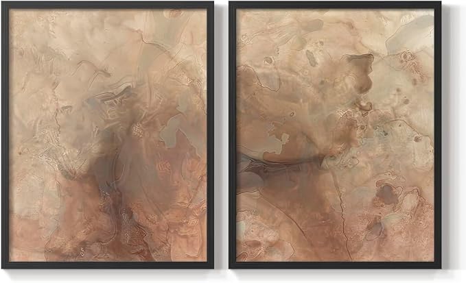 Renditions Gallery Set of 2 Peel & Stick Framed Prints, Abstract Wall Art, Brown Textured Marble Design Re-Stickable - Ready to Hang - 11"x14" - Black Frame LT588