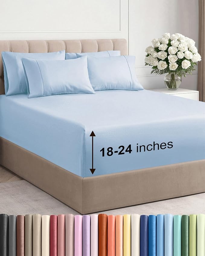Extra Deep Full Sheet Set - 6 Piece Breathable and Cooling Sheets - Hotel Luxury Bedding for Women, Men, Kids & Teens - Easy & Secure Fit - Soft, Wrinkle Free and Comfy - Extra Deep Pockets - Sky Blue