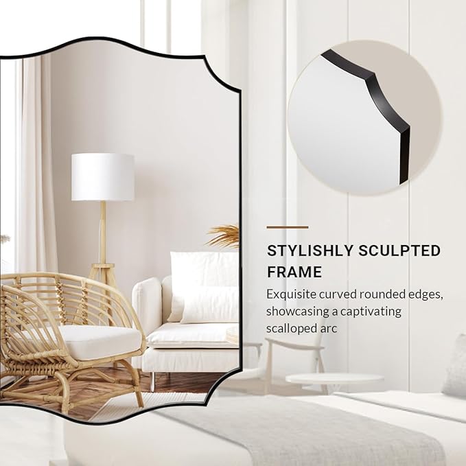 ANDY STAR Matte Black Bathroom Mirror, 24x32 Inch Scalloped Mirror for Bathroom, Black Irregular Mirror in Premium Stainless Steel 1“ Frame, Unique Wavy Shape, Italian Style