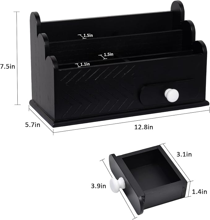 5 Compartments Real Wood Desk Accessories Organizer Countertop Mail Holder 13 x 8 inch Office Workspace Organization with Drawer for File, Pen, Pencil, Black