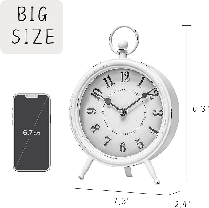EMAX HOME Vintage Rustic White Table Clock on Stand, Decorative Desk & Shelf Clock, Rustic Mantel Farmhouse Non-Ticking