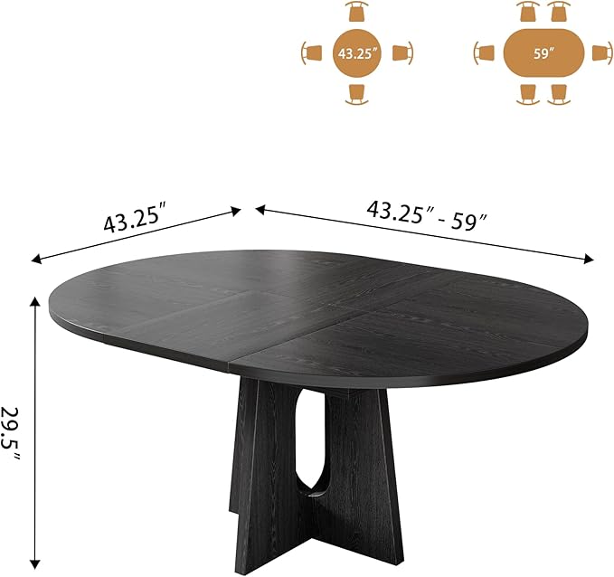 59-Inch Extendable Dining Table for 4-6 People, Modern Kitchen Oval Dinner Table with Storage Shelf and Cross Pedestal for Dining Room, Living Room, Black
