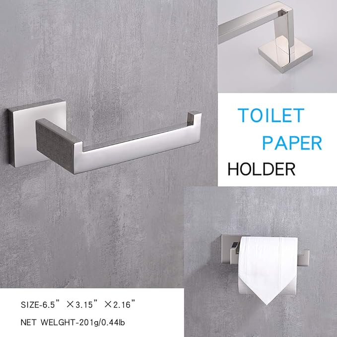 TASTOS 3-Piece Chrome Bathroom Hardware Accessory Set, Premium Stainless Steel Robe Hook Toilet Paper Holder 16-Inch Towel Bar Set Wall Mounted Square Style, Polished Finish (Silver)