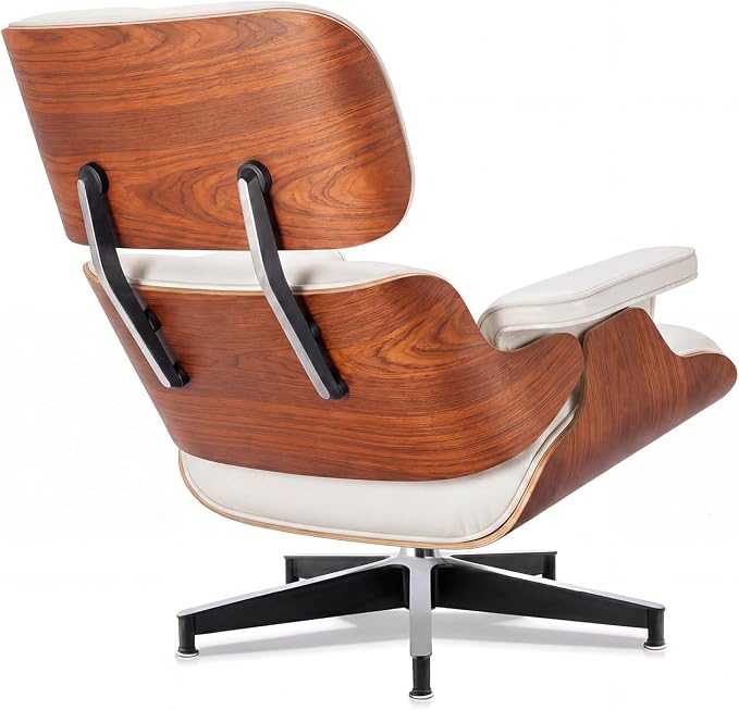 Top Grain Leather, Mid Century Chaise Lounge Chair and Ottoman, Modern Chair Classic Design, Heavy Duty Base Support for Living Room Study Lounge Office, Palisander-White