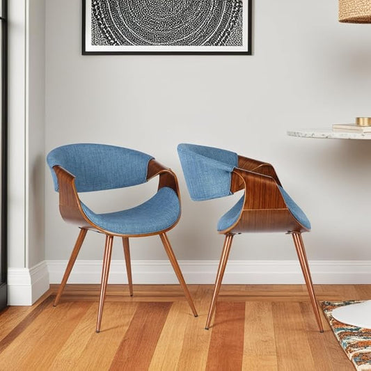 Armen Living Butterfly Mid-Century Dining Chair in Walnut Finish and Blue Fabric - Set of 2