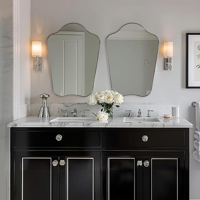ANDY STAR Brushed Nickel Bathroom Mirror, 22x30 Scalloped Wall Mirror for Vanity, Curved Shaped Mirror for Entryway, Bedroom, Anti-Rust Stainless Steel Frame