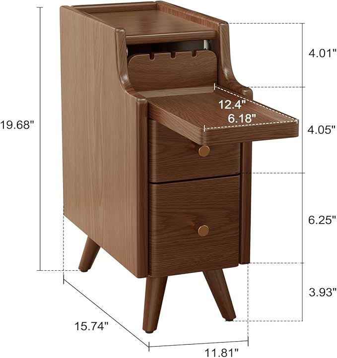 AQIMUELE Narrow Nightstand with Drawers, Wood Bedside Table, Small Walnut Nightstand Set of 2