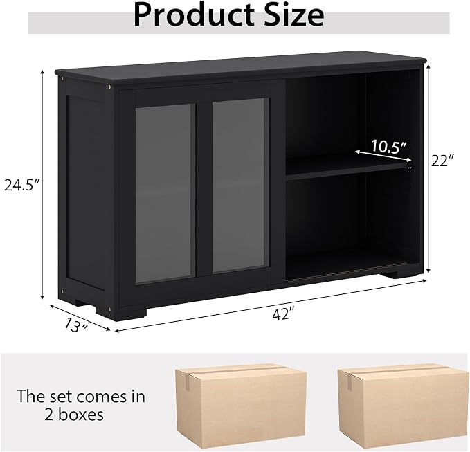Byroce Sideboard Buffet Cabinet, Stackable Storage Coffee Bar Cabinet with Adjustable Shelf & Glass Sliding Doors, Wood Cupboard Credenza Console Table for Kitchen Dining Living Room (2, Black)