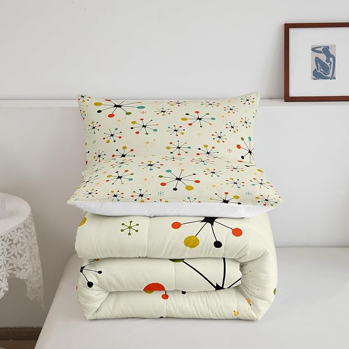 Erosebridal Modern Mid Century Bedding King Retro Atomic Comforter Set, Rainbow Grid Duvet Insert Vintage Fifties 1950s Down Comforter, Aesthetic Abstract Art Bedding Comforter Sets Beige 3pcs