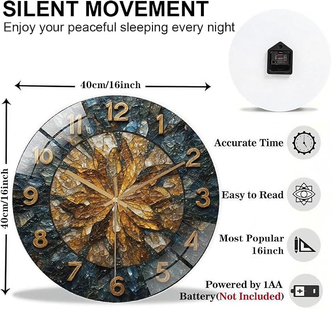 16 Inch Leaf Mosaic Glass Wall Clock Silent Modern Art Decor | Silent glossy wall clock with a vintage crushed stone mosaic design, tracking time perfectly for your living room