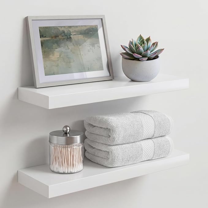 Homeforia White Floating Shelf 18 inch, High End Solid Real Wood 18inch Bathroom Floating Shelves for Wall Mounted, White Wooden 18in Floating Shelves, Heavy Duty Bracket, 18 X 6.5 X 1.75 in, Set of 4