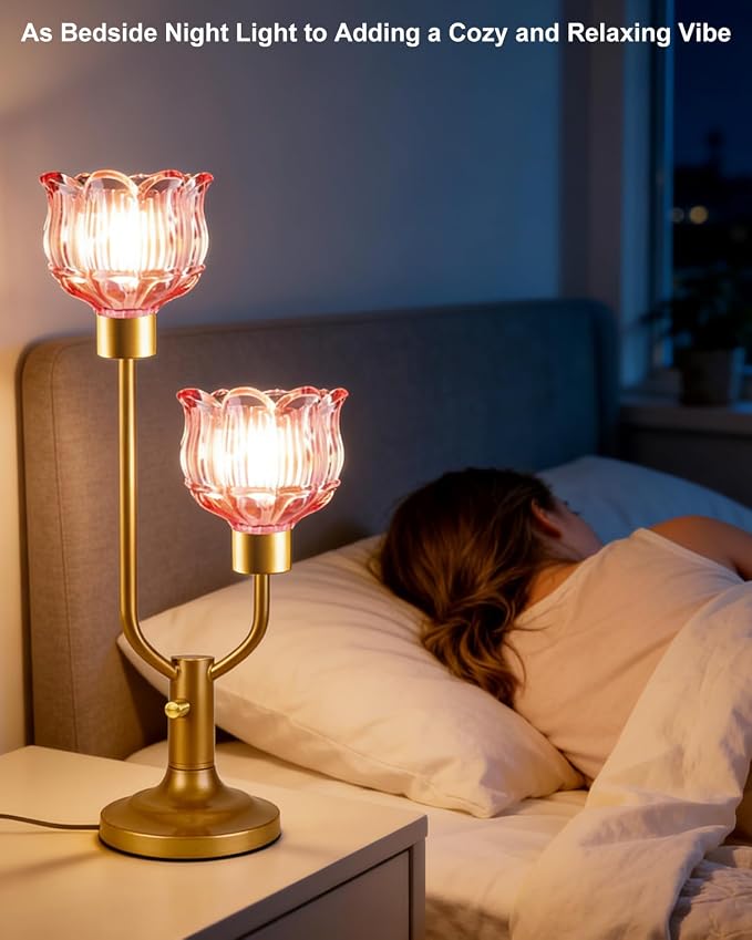 Lightdot Mid Century Modern Red Table Lamp Dimmable Vintage Gold Flower Desk Lamp Lotus Glass Nightstand Lamp 2 Bulbs Included Warmwhite Ambient Bedside Lamps for Living Room Bedroom Home Office Decor