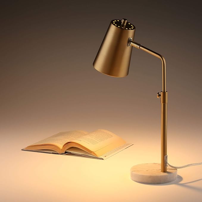 VONLUCE Gold Desk Lamp with LED Bulb Adjustable, Antique Brass Metal Table Lamp Marble Base, Mid Century Modern Reading Lamp Office, 20’’ Industrial Task Lamp Work Lamp for Reading Bedroom