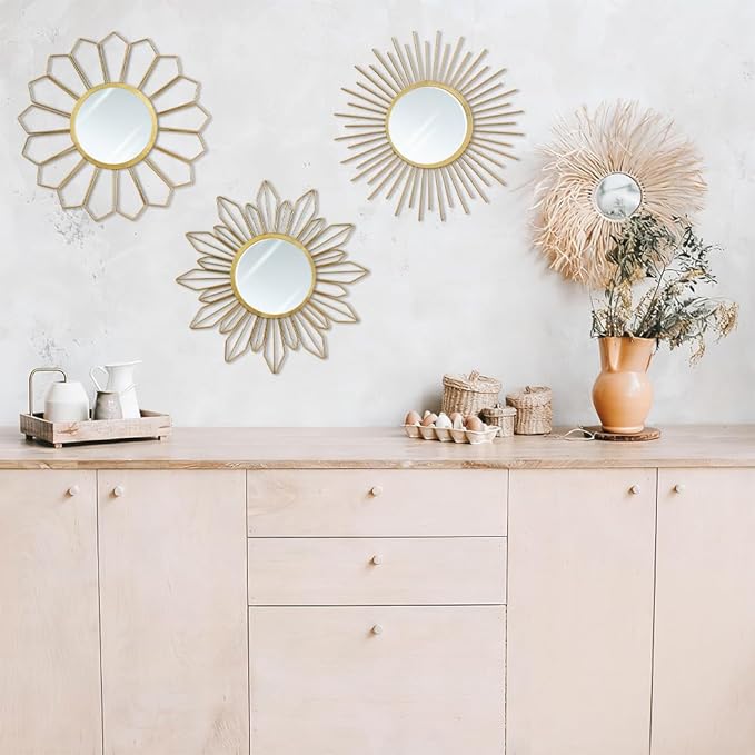 hogardeck Metal Mirrors Wall Decor - 3 Pcs 11" Metal Sunburst Flower Wall Mirrors Home Décor, Decorative Hanging Wall Art for Living Room, Bedroom, Kitchen, Bathroom, Entryway