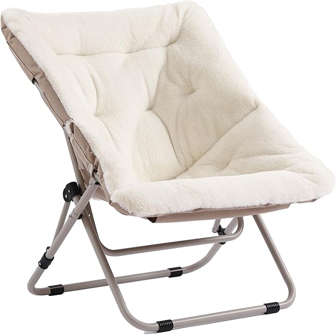 Furlide Saucer Chair, Comfy Bedroom Chairs, Oversized Folding Faux Fur Chair, Foldable Metal Frame Chair for Living Room, Balcony, Patio, Study, Playroom (Beige)