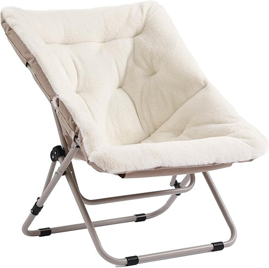 Furlide Saucer Chair, Comfy Bedroom Chairs, Oversized Folding Faux Fur Chair, Foldable Metal Frame Chair for Living Room, Balcony, Patio, Study, Playroom (Beige)