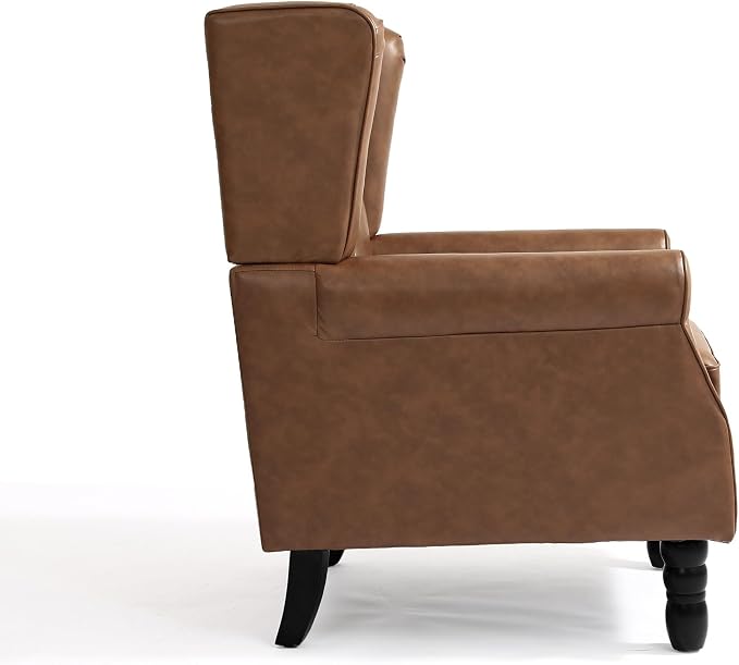 High Back Accent Chair, PU Leather Upholstered Armchair Wingback Chair for Living Room, Comfy Single Sofa Bedroom Reading Seat with Solid Wood Legs, Brown