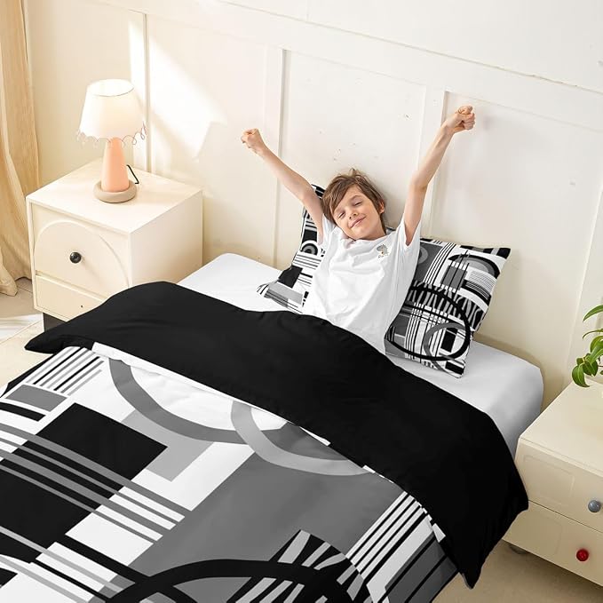 Erosebridal Art Deco Mid Century Duvet Cover Set Retro Modern Abstract Geometric Twin Bedding Sets for Girls Tween Boys Black and White Grey Circles Stripes Comforter Cover Contemporary Bed Set