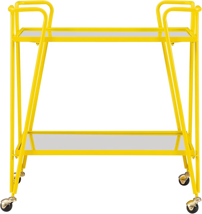 Linon Gina Yellow Mid Century Bar Cart with Mirrored Shelves