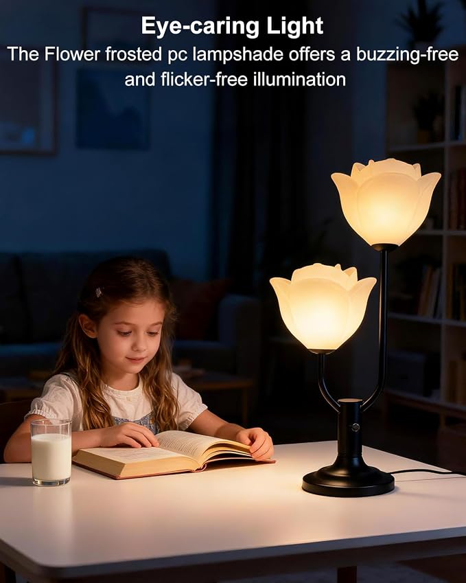 Lightdot Women Bedside Table Lamps for Bedroom, 2-Light Cute Flower Desk Lamp with G9 LED Bulbs, 0-100% Stepless Dimmable Black Nightstand Lamp, Floral Lamp for Living Room, Home Office,Reading