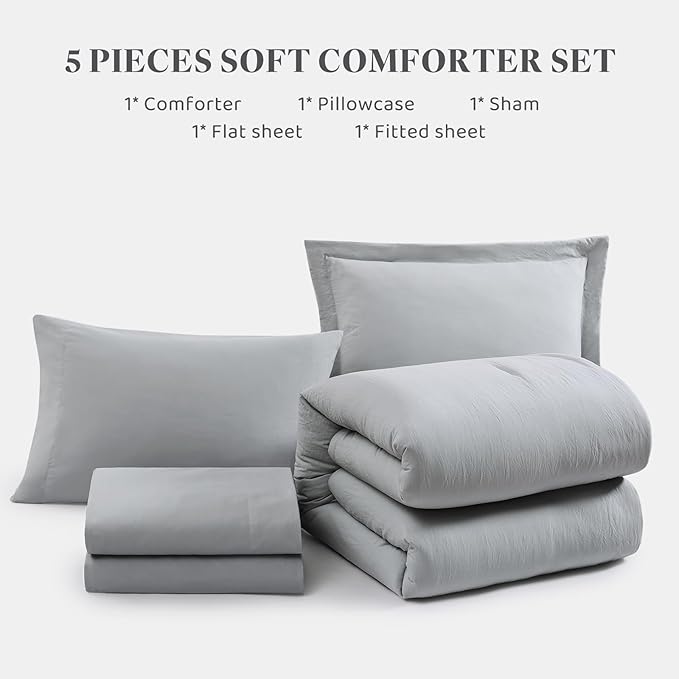 WRENSONGE Twin XL Comforter Set- 5 Pieces Light Grey Bed in a Bag, All Season Twin XL Bedding Sets with 1 Fitted Sheet, 1 Flat Sheet, 1 Pillow Sham and 1 Pillowcase