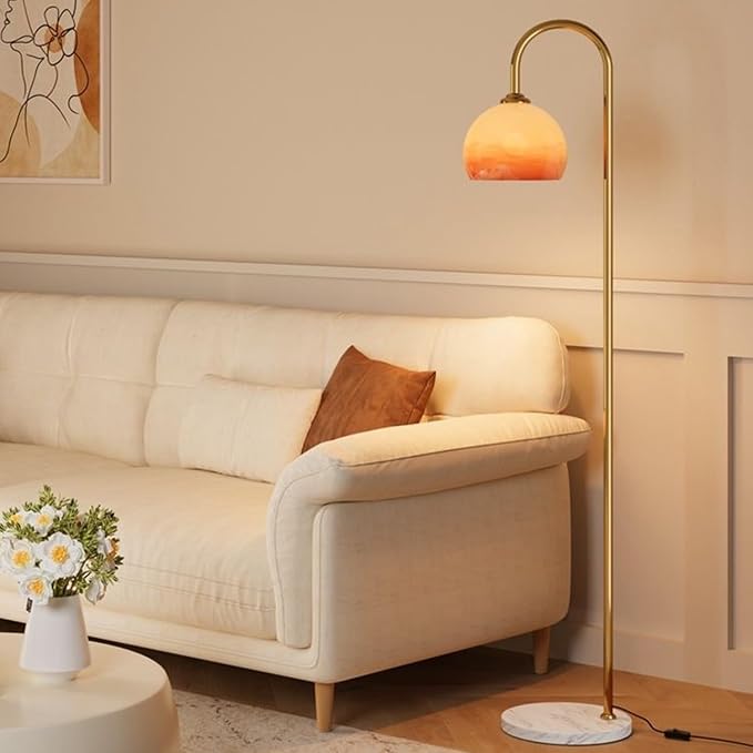 MIXL-Gradient Orange Shade Arc Floor Lamp,Gold Standing Light with Marble Base,Mid Century Modern Standing Lamps for Living Room Bedroom