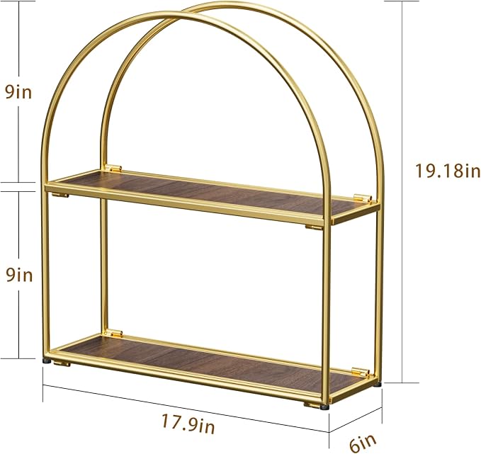 Crofy Gold Arched Frame Wall Shelf, Decorative 2 Tier Bathroom Wall Shelf with Walnut Finish Shelves and Robust Storage Capacity, 6" D x 17.9" W x 19.18" H