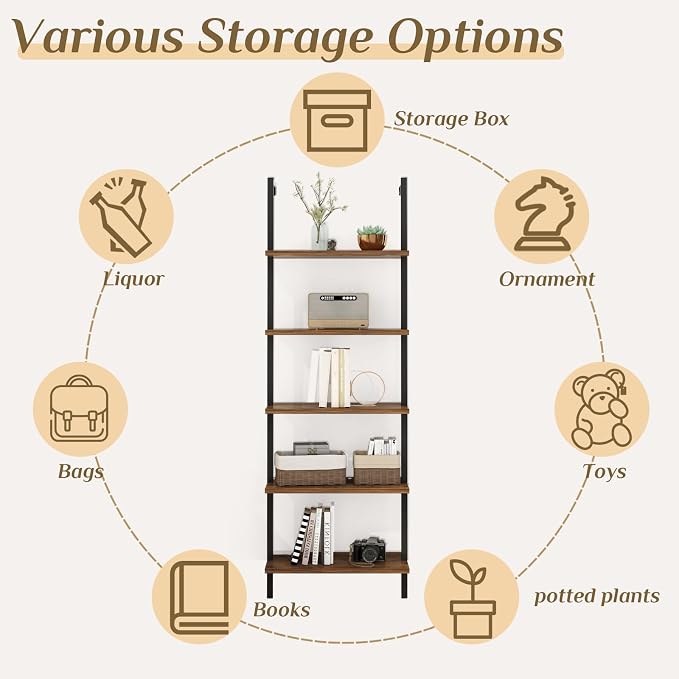 Karl home Ladder Shelf 5 Tier Wall Mounted Bookcase with Metal Frame,Open Design Shelves for Living Room,Bedroom,Home,Office,Rustic Brown (23.6" L x 11.8" W x 70.9" H)